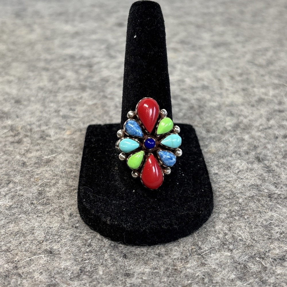 Vintage 925 Sterling Silver Multicolor Southwestern Cluster Ring Size 7.75